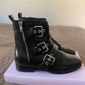 Black Leather Buckle Ankle Boots